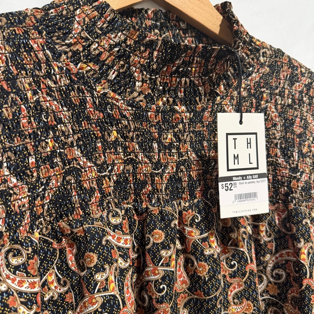 THML Paisley Women M Black Long Sleeve Smocked Peasant Victorian Office NWT - Picture 2 of 8